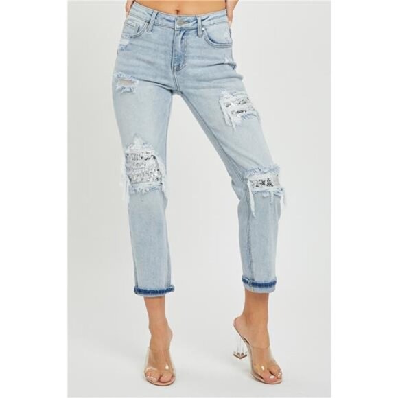 RISEN Mid-Rise Sequin Patched Jeans - Picture 5 of 5
